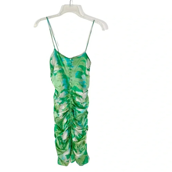 GANNI Silk Stretch Satin Ruched Mini Dress Lily Green Size 34 or US XS NWT - Picture 2 of 12